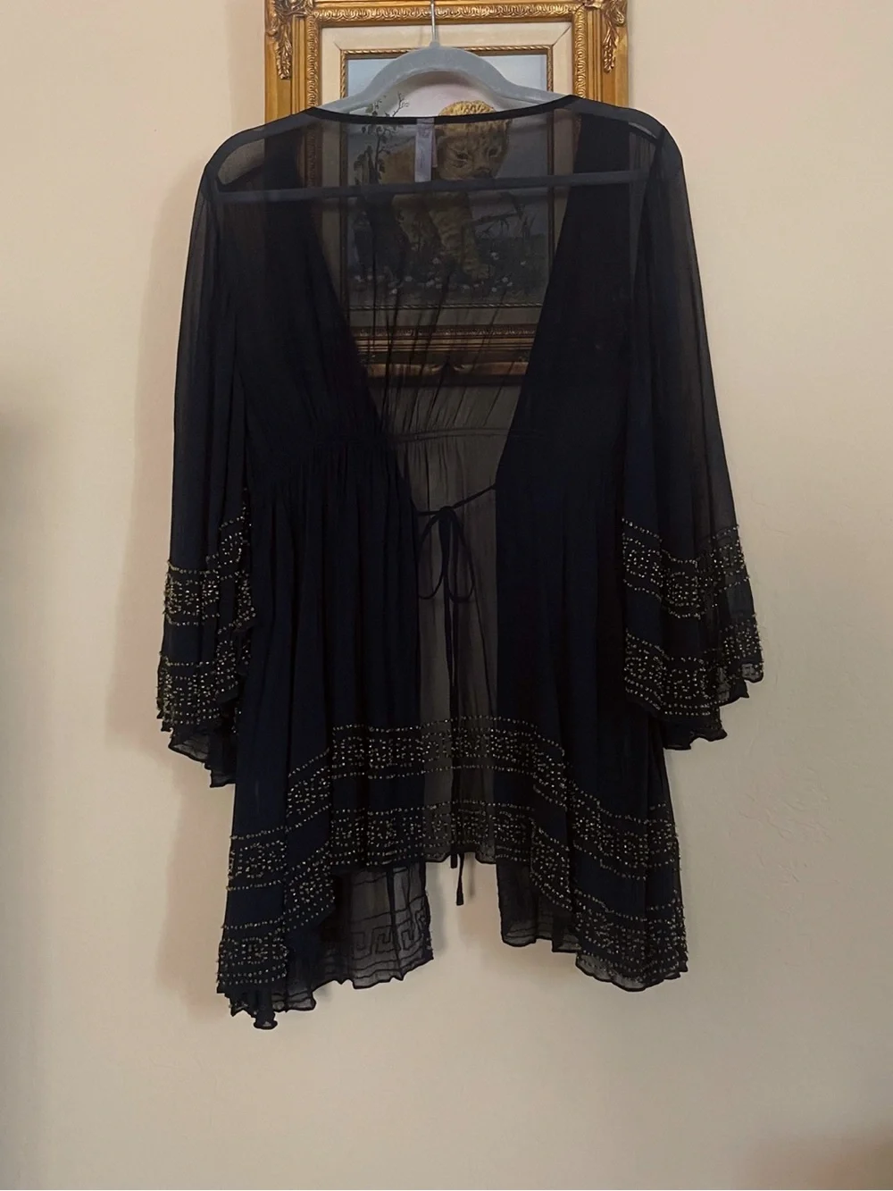 VICTORIA’S SECRET Sheer Black & Gold Beaded Flowy Kimono Cover Up Robe